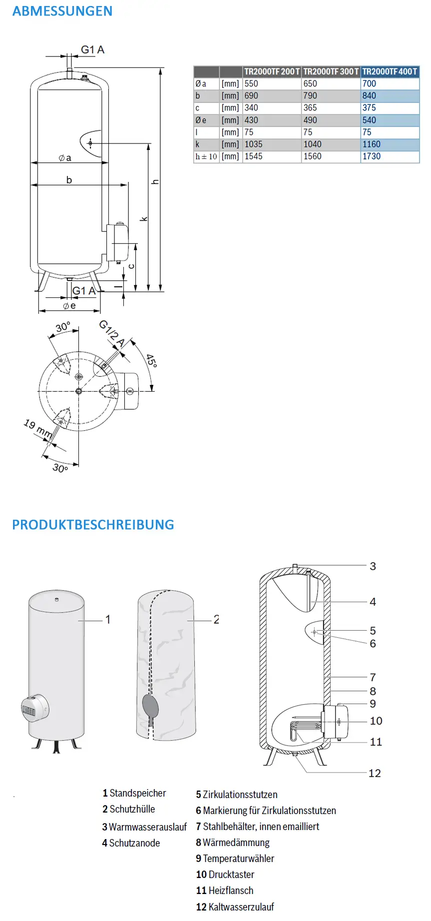 Bosch Standspeicher mit innen emailliertem Stahlbehälter, Zirkulationsanschluss, Temperaturwähler und Warmwasseranschluss, vertikale Ausführung.
